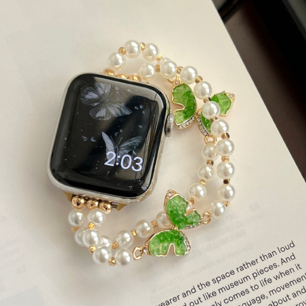 Aurora double-row pearl green butterfly gold Apple Watch jewellery band