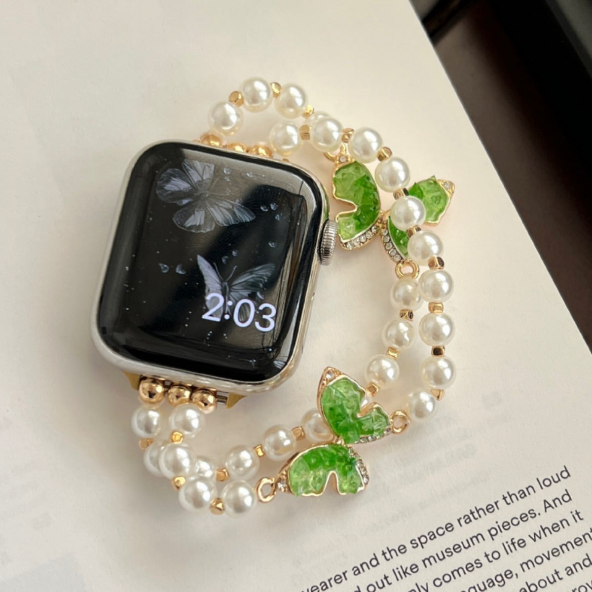 Aurora double-row pearl green butterfly gold Apple Watch jewellery band