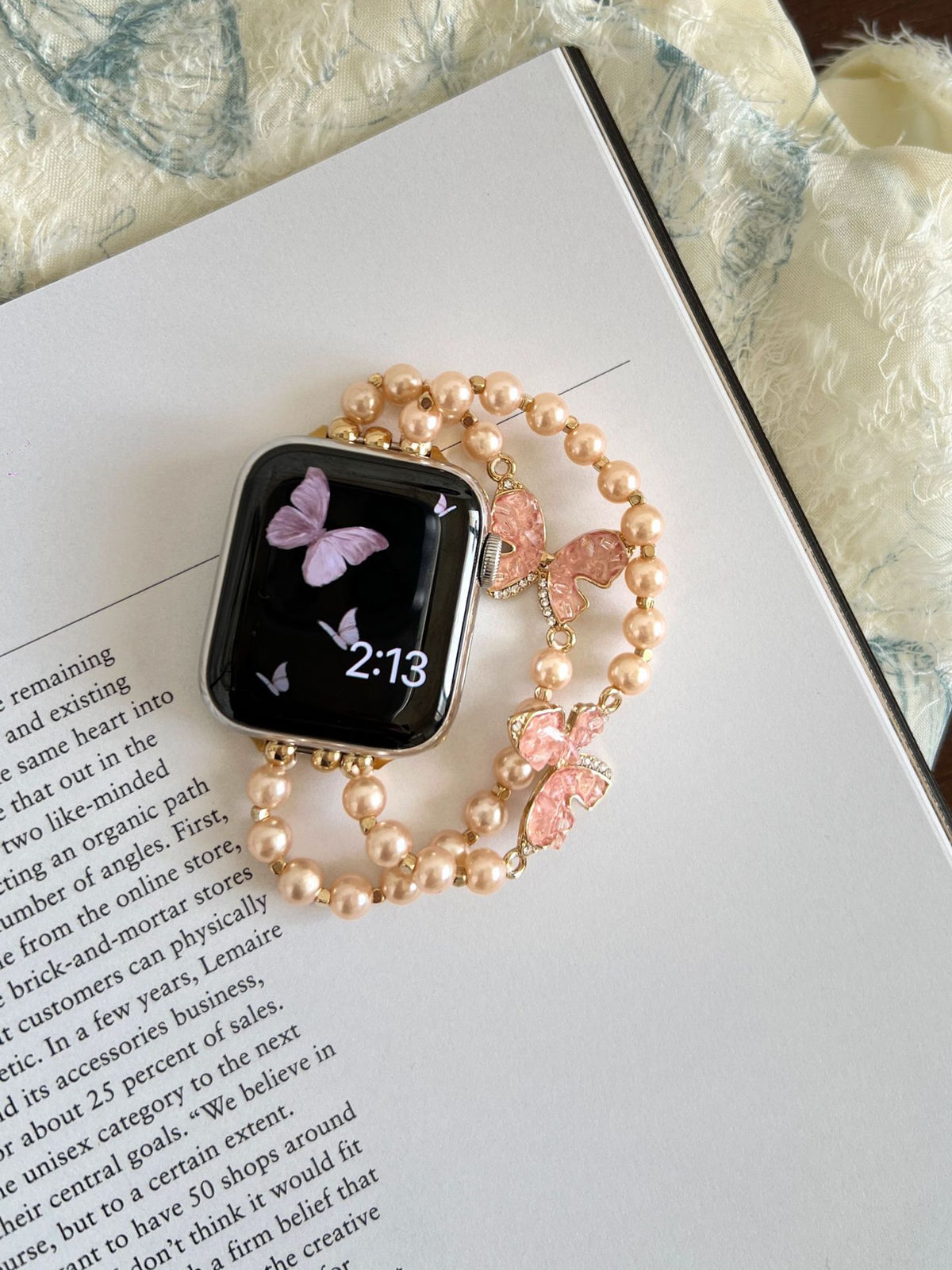 Aurora double-row pearl pink butterfly rose gold Apple Watch band