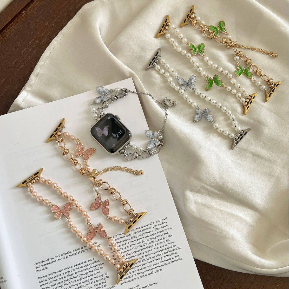 Aurora pearl and butterfly Apple Watch jewellery band styles