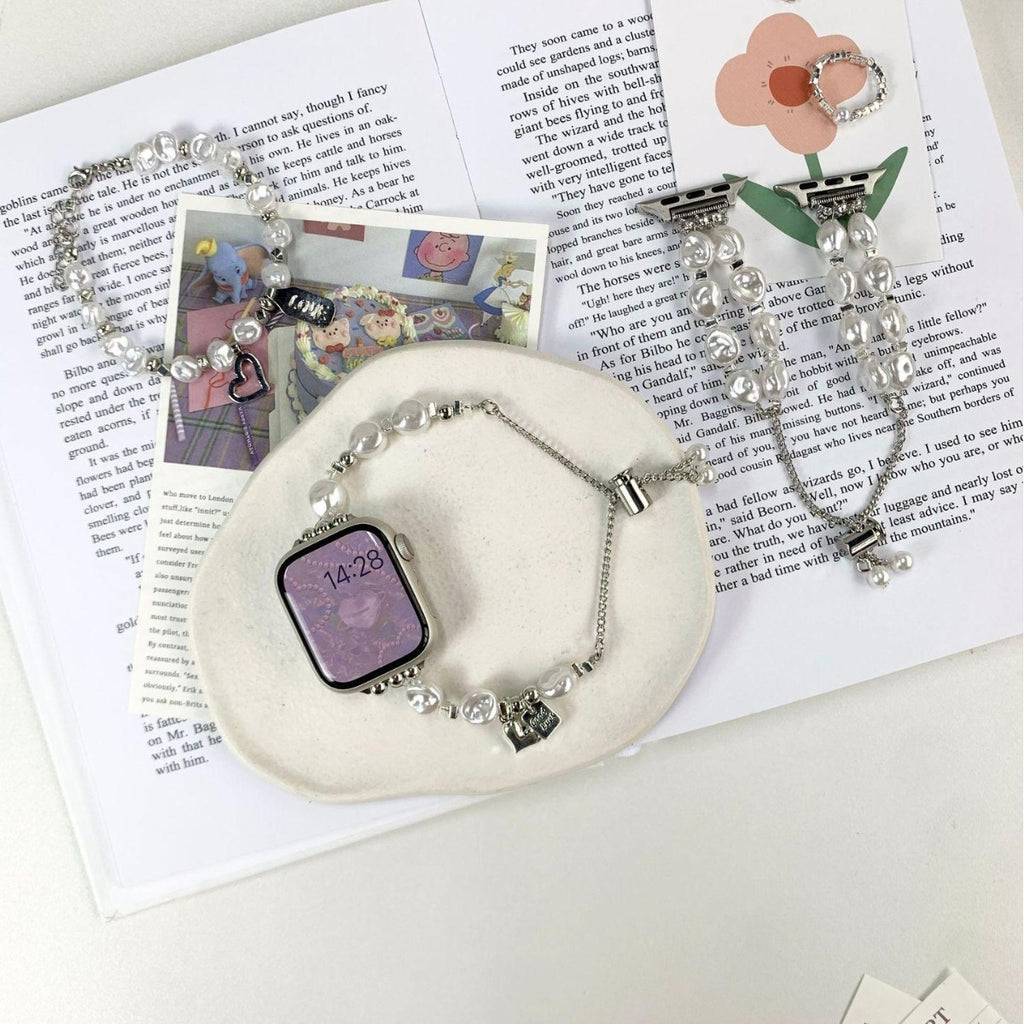 Baroque pearl double-chain smartwatch band flat lay