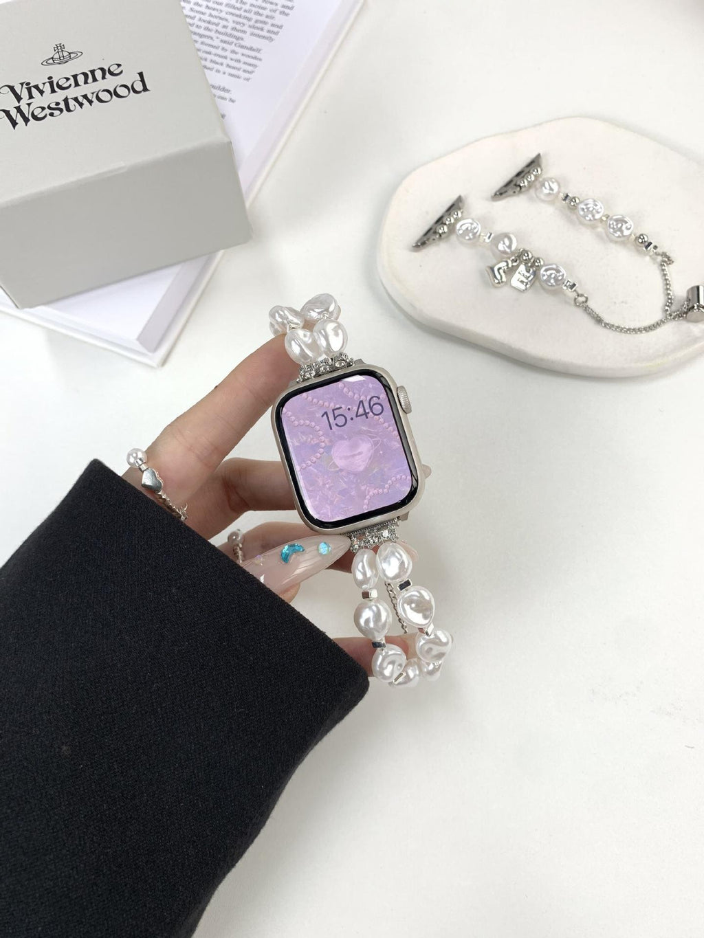 Baroque pearl double-chain smartwatch band front view