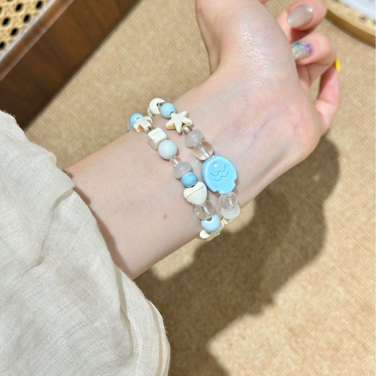 Blue shell star beaded smartwatch bracelet band detail view