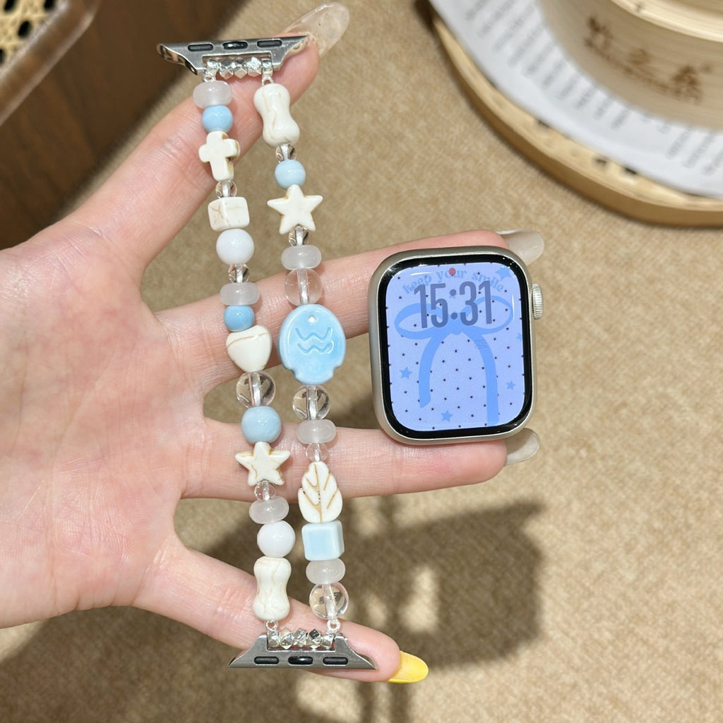 Blue white shell and star double-strand smartwatch bracelet band flat view