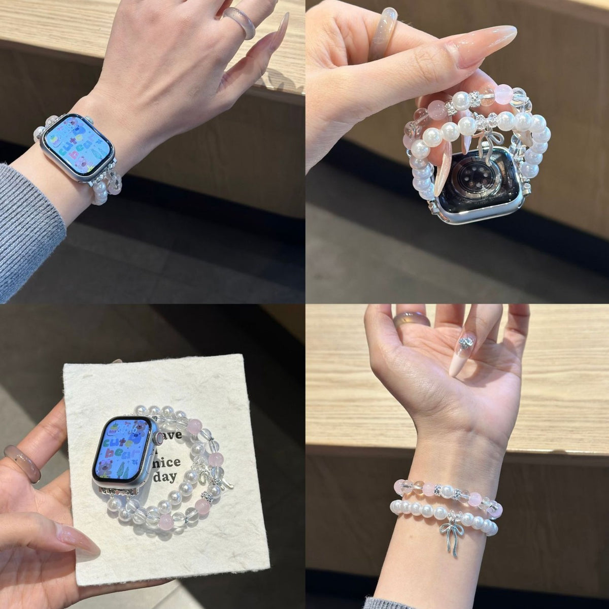 Pink pearl jewellery Apple Watch band worn on wrist