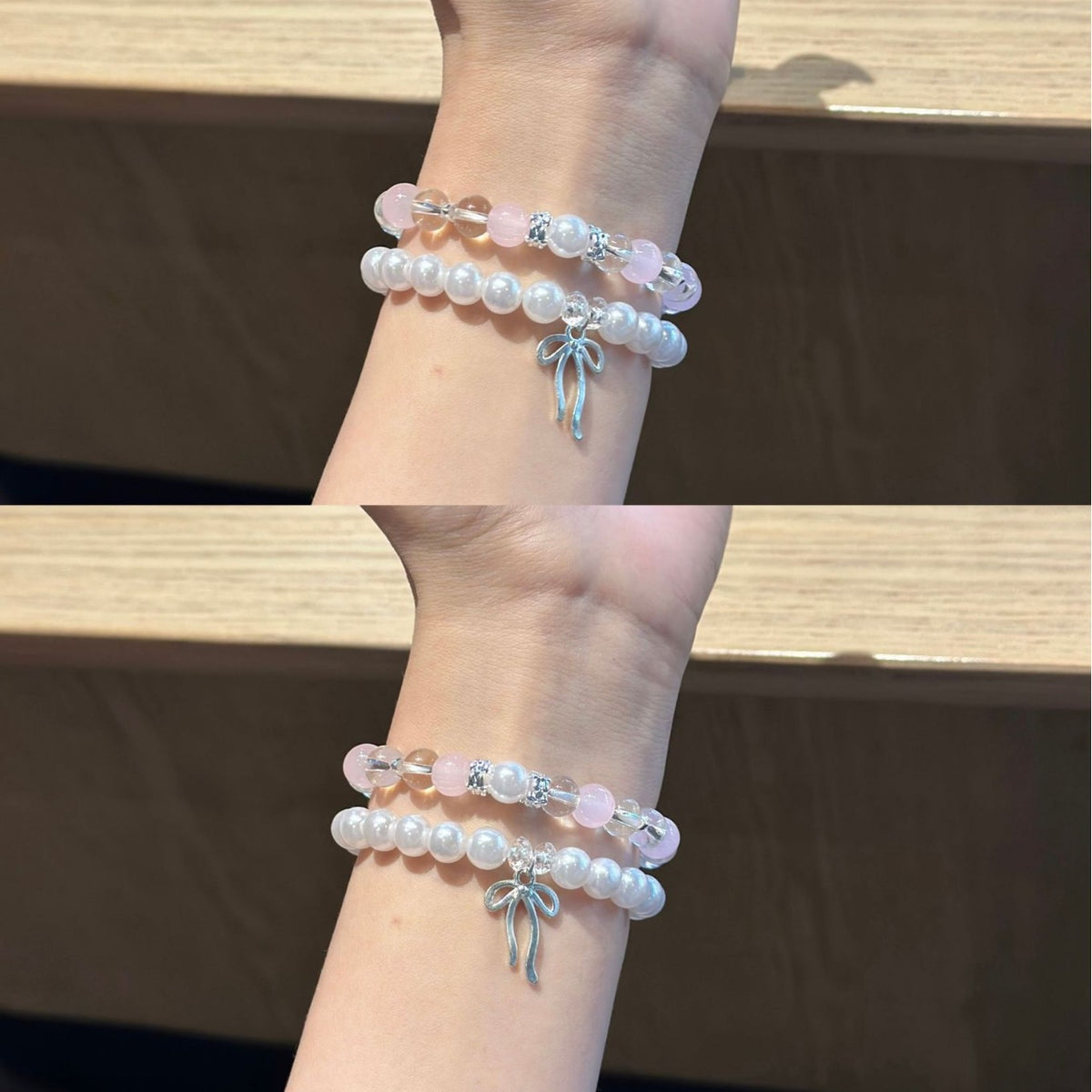 Double-strand pearl and blush bead bracelet band with bow charm