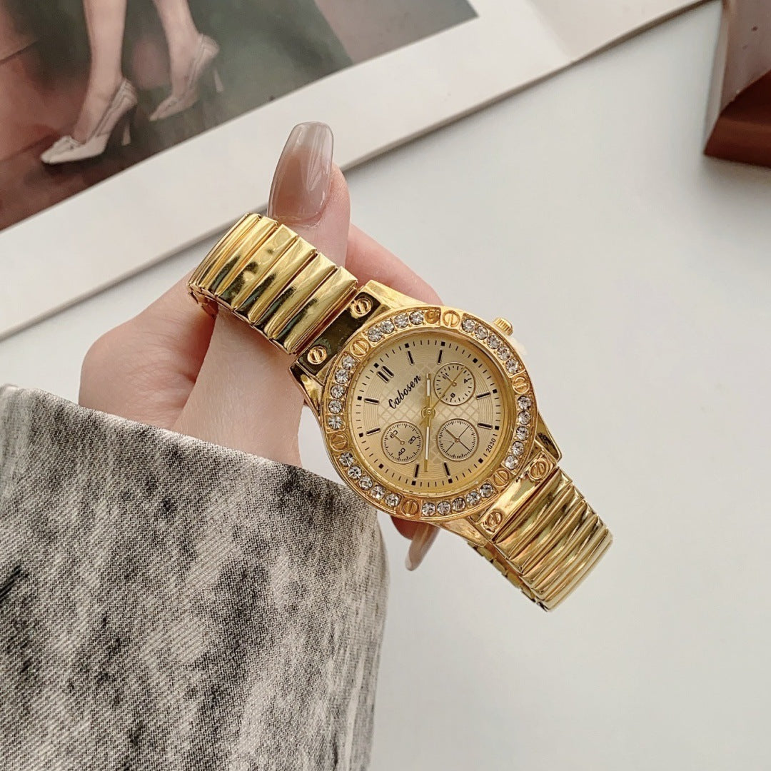 CABOSEN vintage gold-tone stretch bracelet quartz watch with crystal-style bezel and chronograph-style subdials