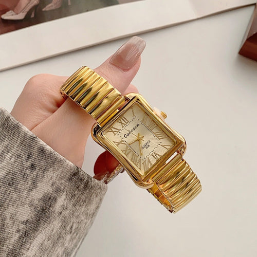CABOSEN vintage gold-tone rectangular Roman numeral quartz watch with stretch bracelet