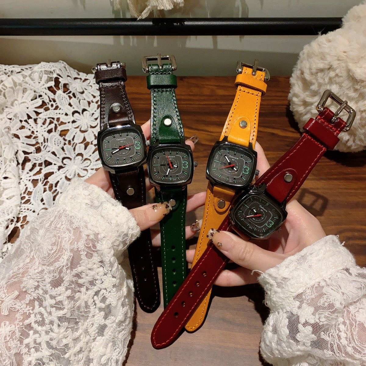 CABOSEN vintage cushion case women's quartz watch in brown, green, mustard and red strap colors