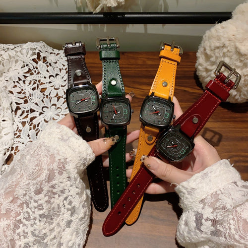 CABOSEN vintage cushion case women's quartz watch in brown, green, mustard and red strap colors