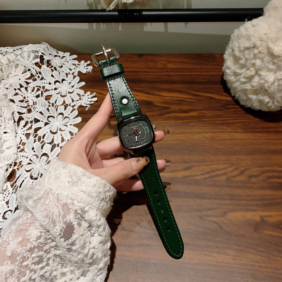 CABOSEN vintage cushion case women's quartz watch with green leather-style strap