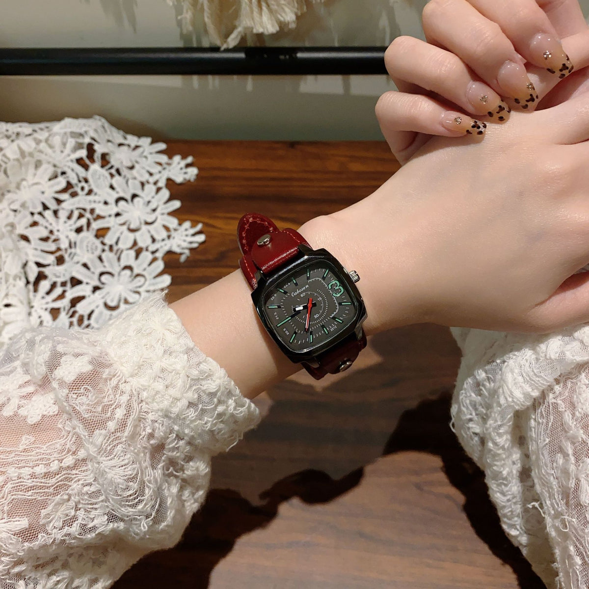 CABOSEN vintage cushion case women's quartz watch with red leather-style strap