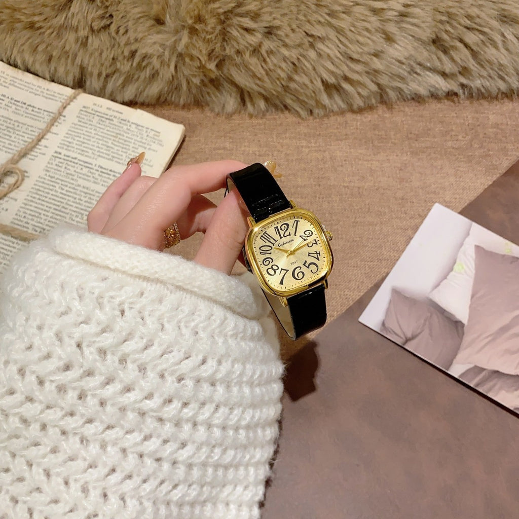CABOSEN vintage oversized numeral women's quartz watch with black leather-style strap alternate view