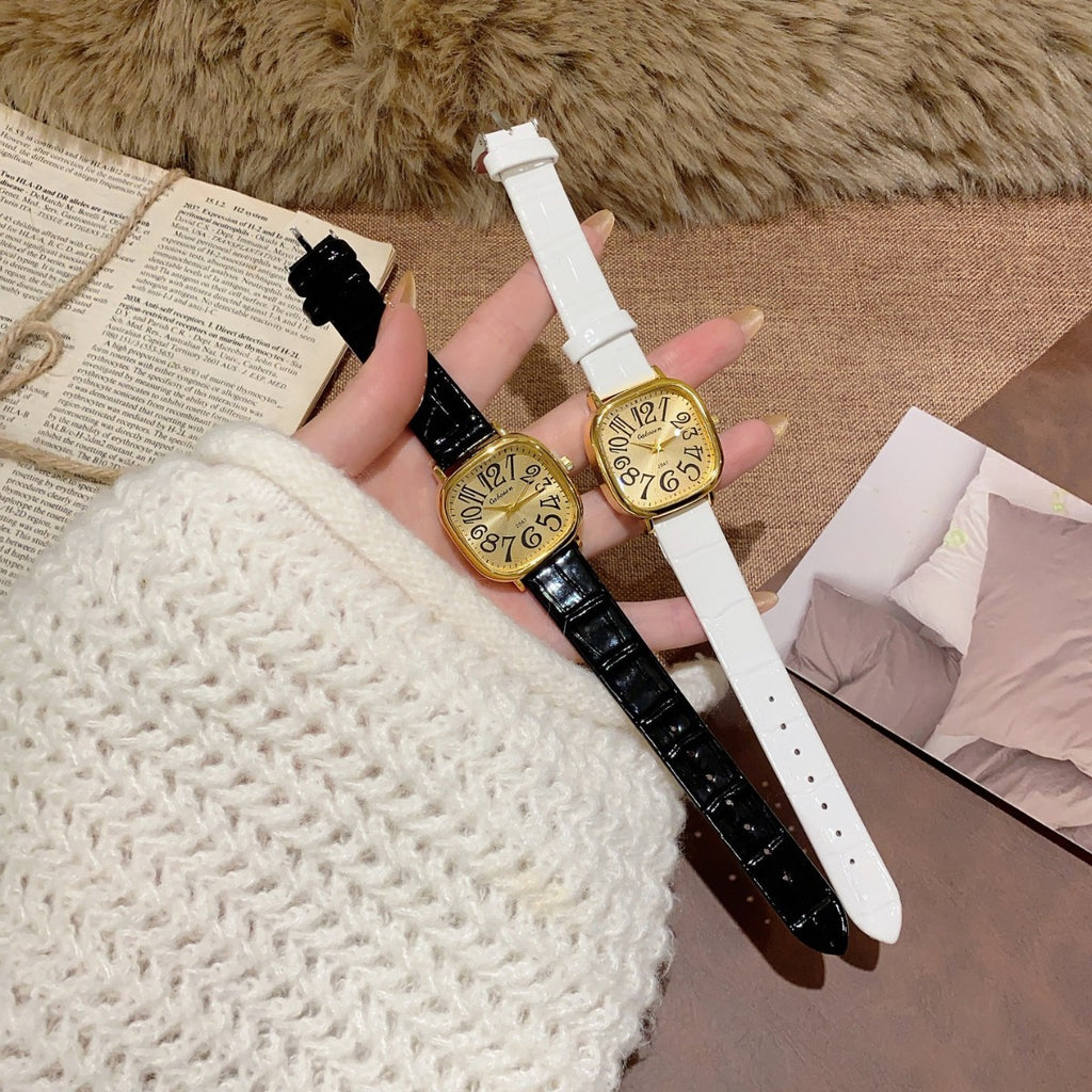 CABOSEN vintage oversized numeral women's watch in black and white leather-style straps