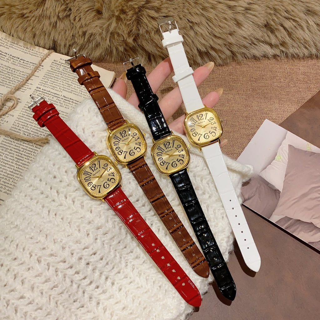 CABOSEN vintage oversized numeral women's quartz watch in red brown black and white leather-style straps