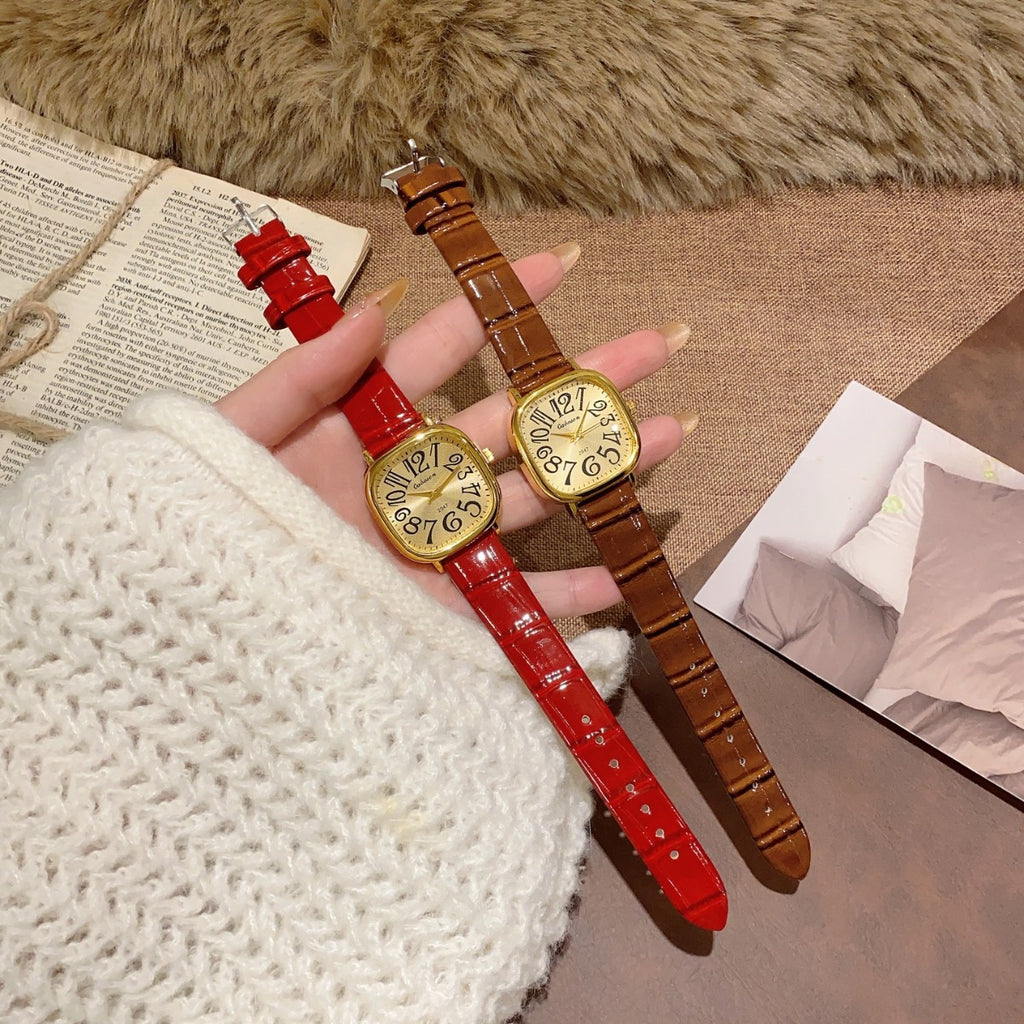 CABOSEN vintage oversized numeral women's watch in red and brown leather-style straps