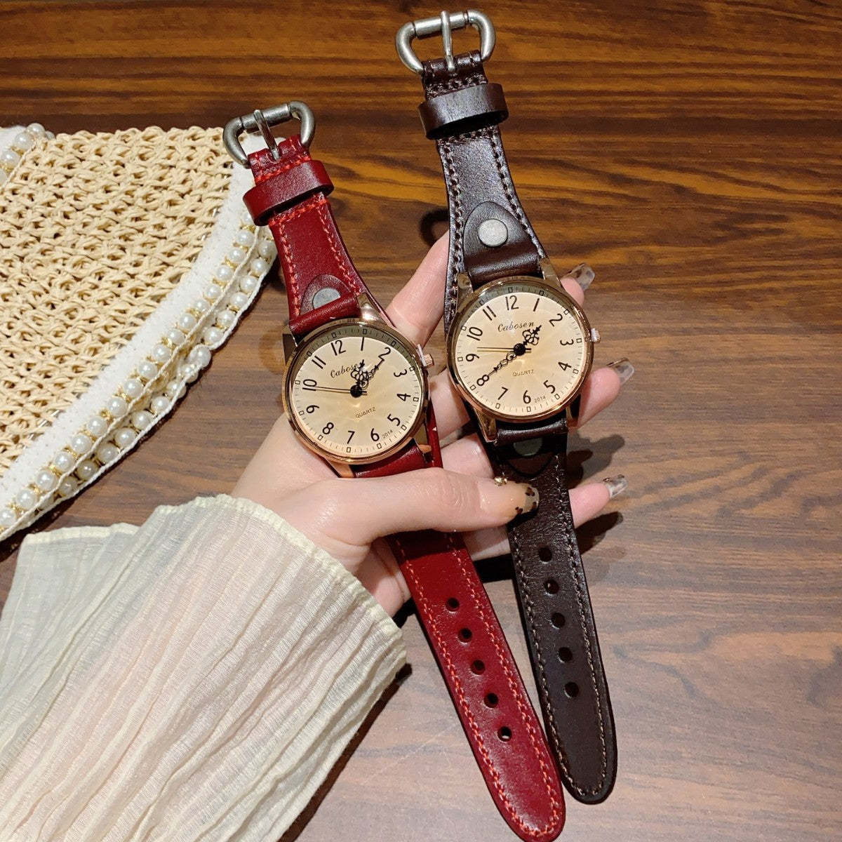 CABOSEN vintage rivet cuff women's quartz watch in brown and red leather-style straps