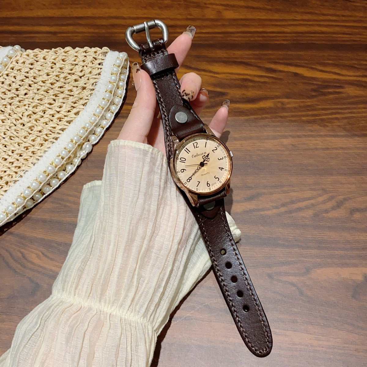 CABOSEN vintage rivet cuff women's quartz watch with brown leather-style strap