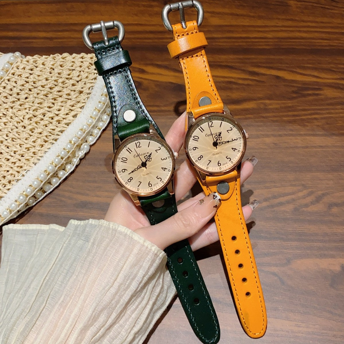 CABOSEN vintage rivet cuff women's quartz watch in forest green and mustard yellow leather-style straps