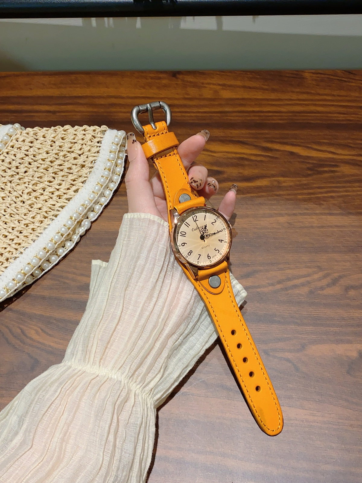 CABOSEN vintage rivet cuff women's quartz watch with mustard yellow leather-style strap