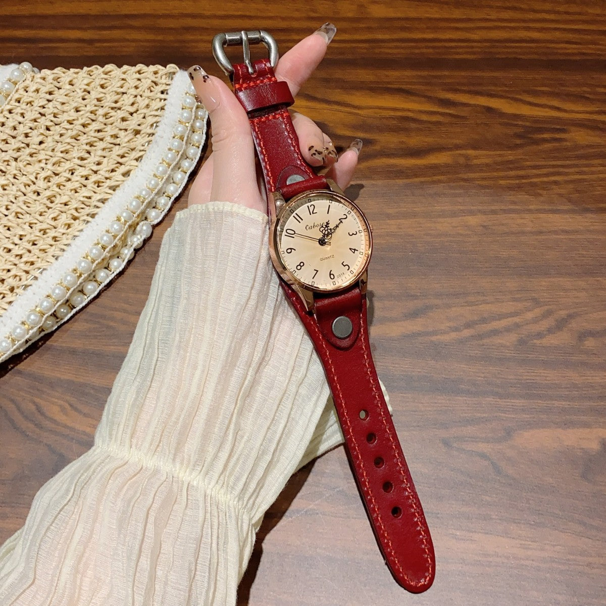 CABOSEN vintage rivet cuff women's quartz watch with red leather-style strap