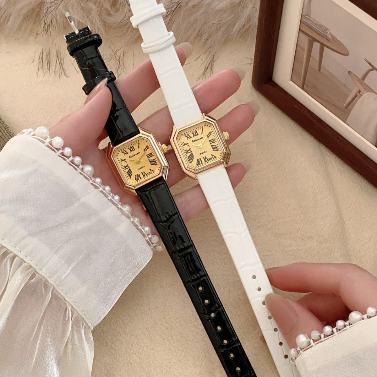 CABOSEN vintage Roman numeral square women's watch in black and white leather-style straps