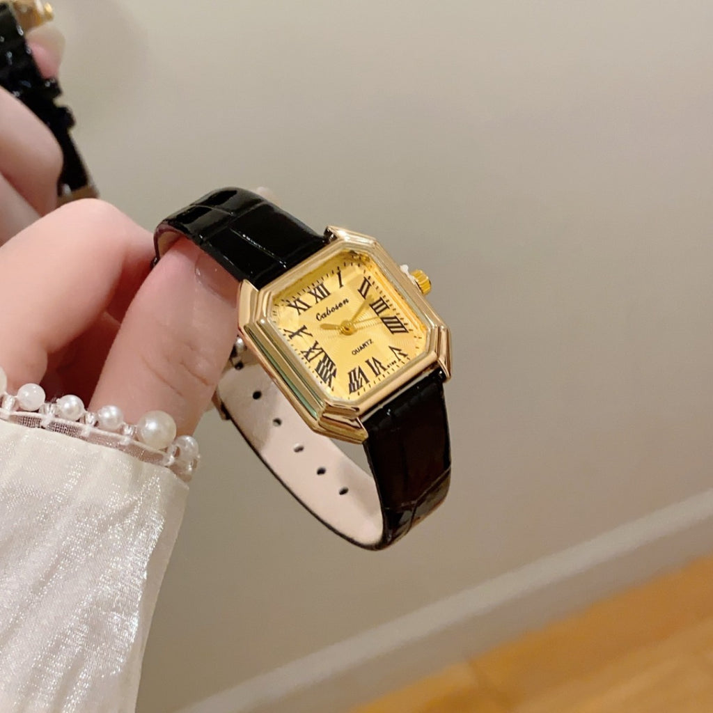 CABOSEN vintage Roman numeral square women's watch with black leather-style strap