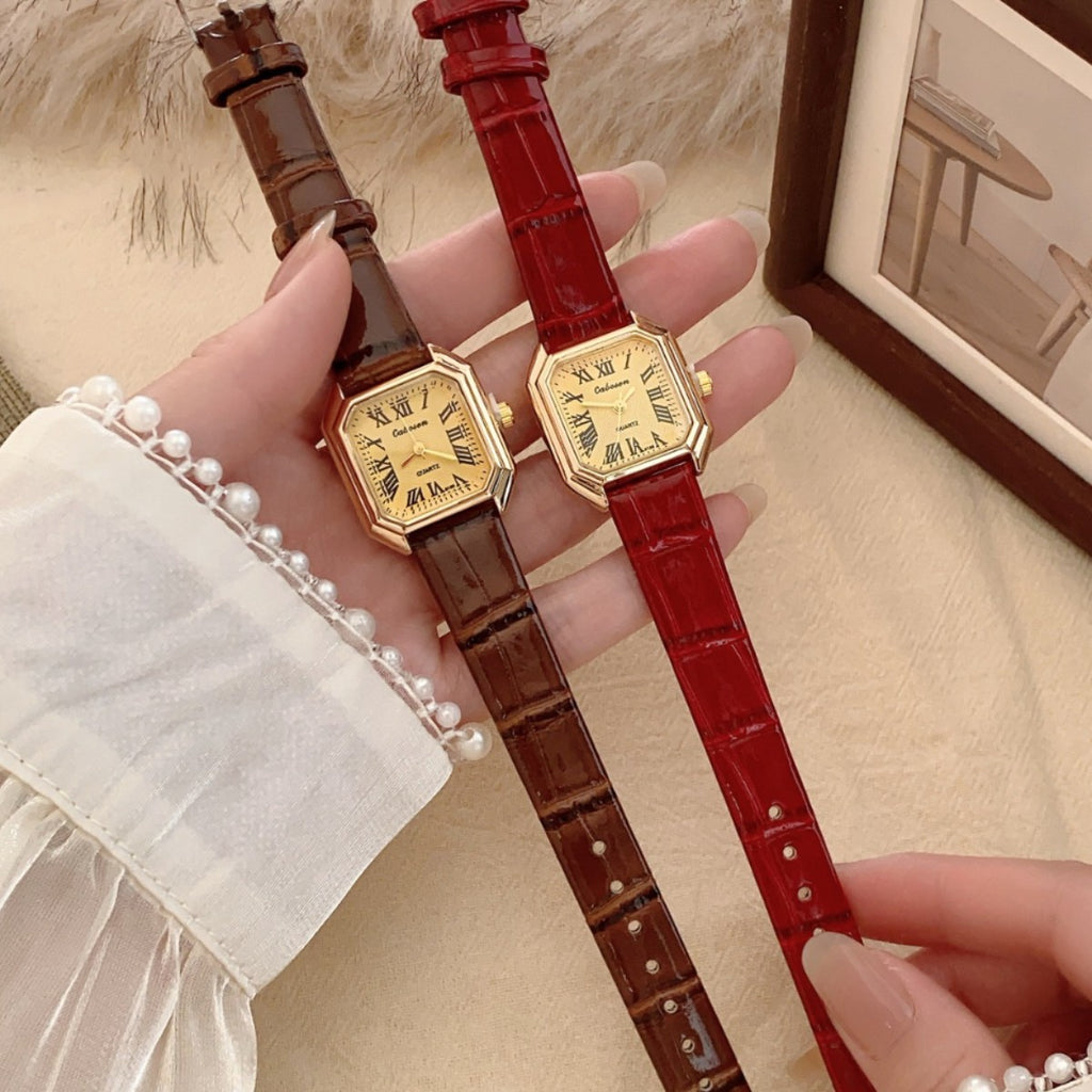 CABOSEN vintage Roman numeral square women's watches in brown and burgundy leather-style straps