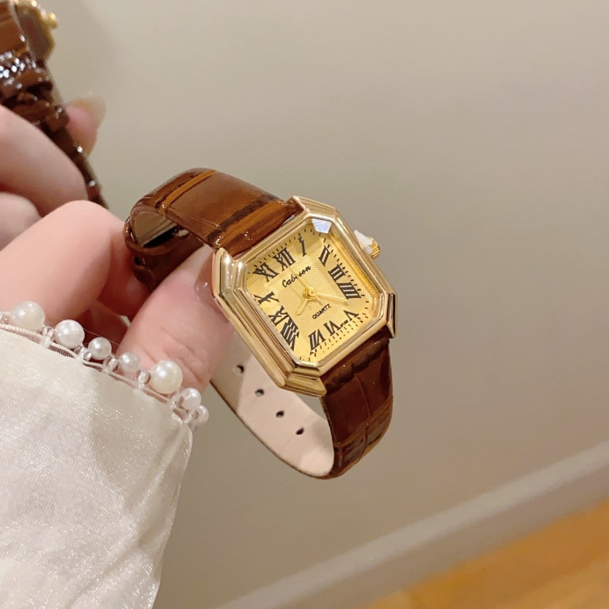 CABOSEN vintage Roman numeral square women's watch with brown leather-style strap