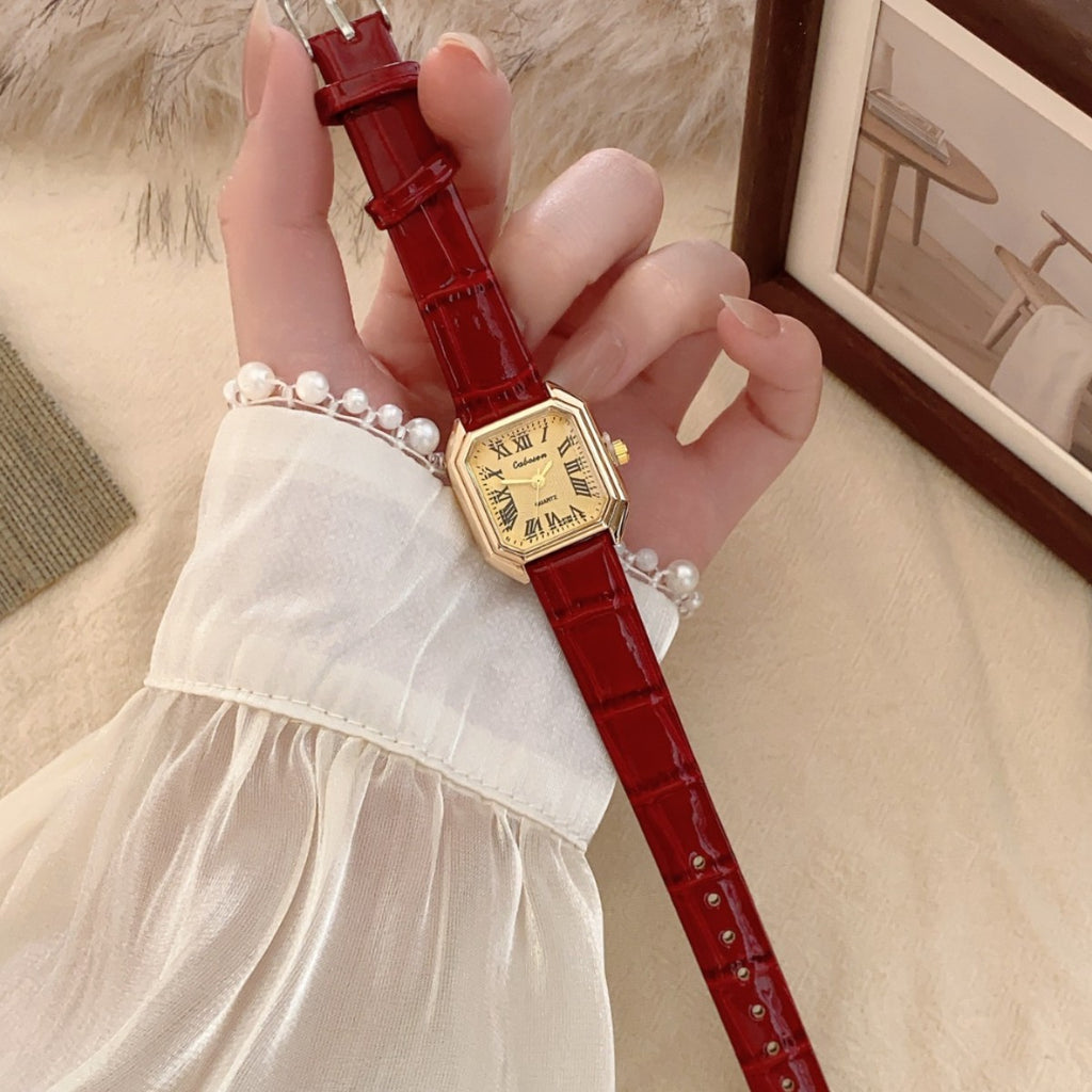 CABOSEN vintage Roman numeral square women's watch in burgundy shown on wrist