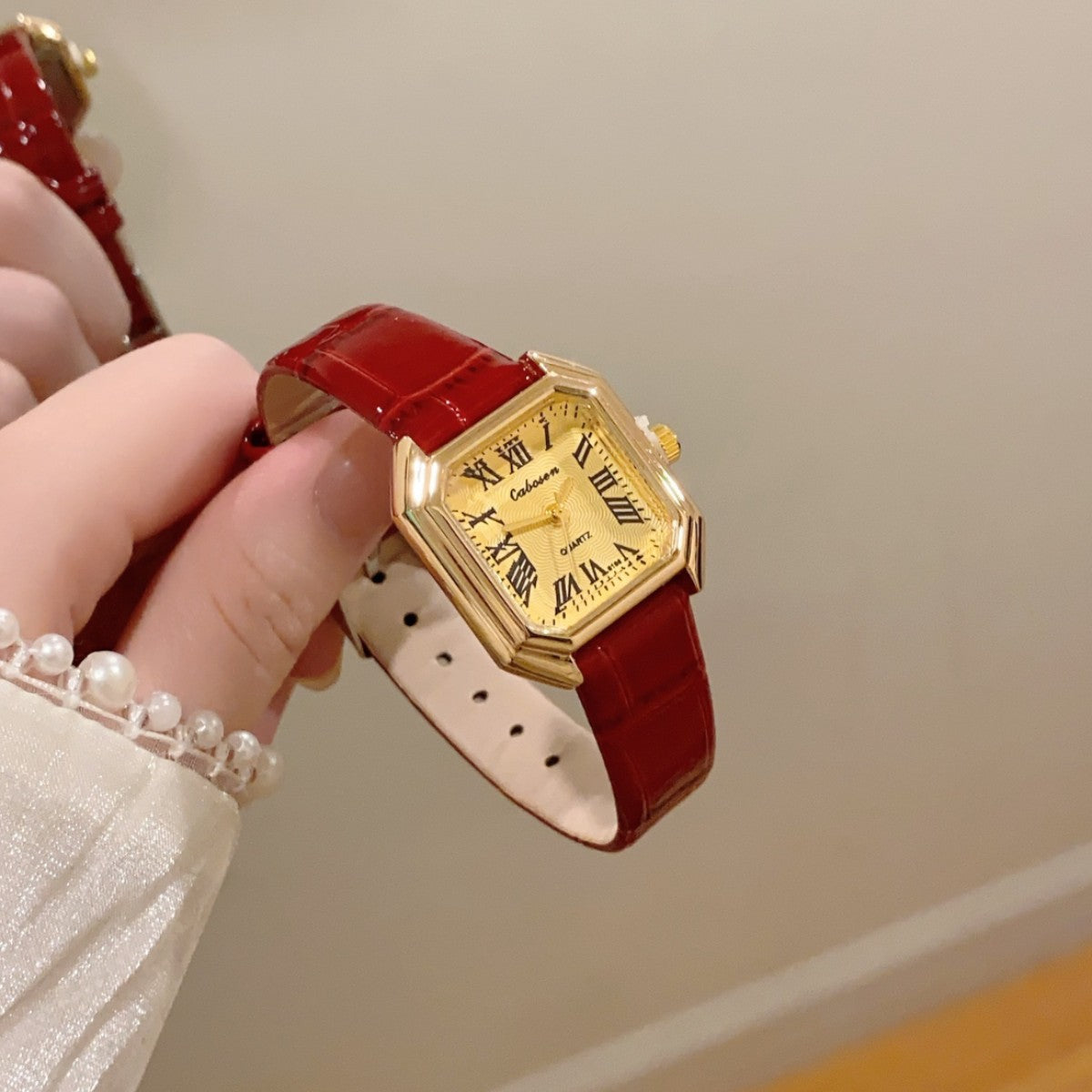 CABOSEN vintage Roman numeral square women's watch with burgundy leather-style strap