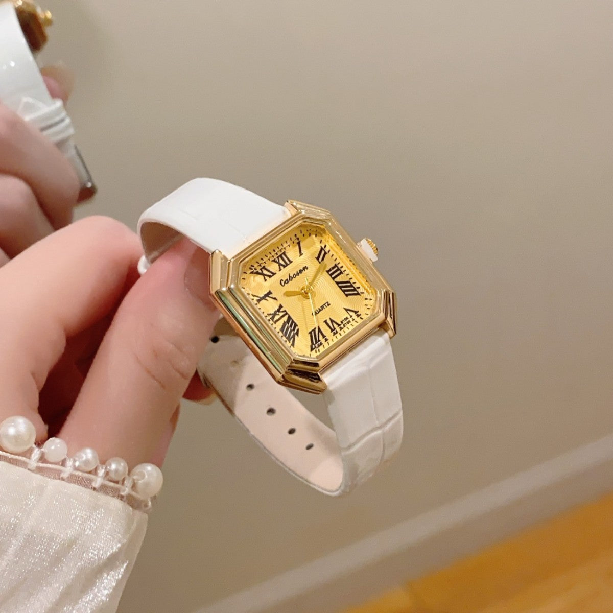 CABOSEN vintage Roman numeral square women's watch with white leather-style strap