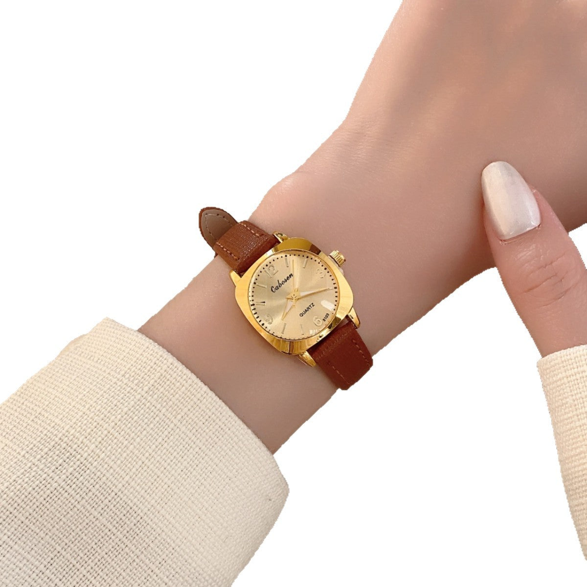 CABOSEN vintage small women's watch with gold-tone case, champagne dial and brown leather-style strap
