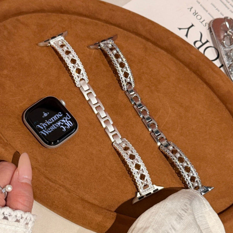 Pearl lace bracelet Apple Watch band in two finishes