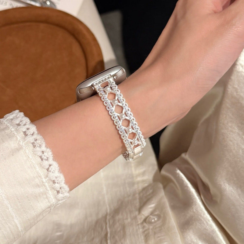 Pearl lace bracelet Apple Watch band worn on wrist