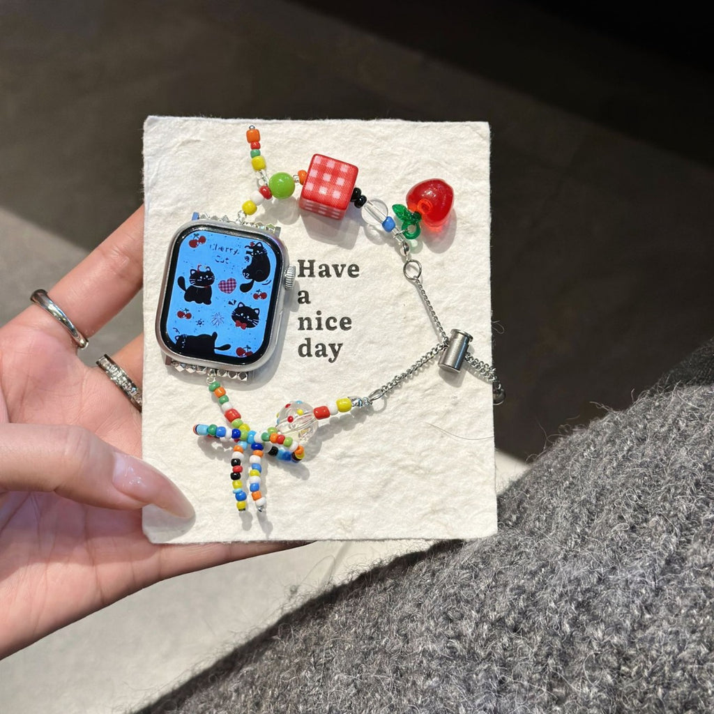 Colorful beaded Apple Watch bracelet band with red apple charm and gingham bead
