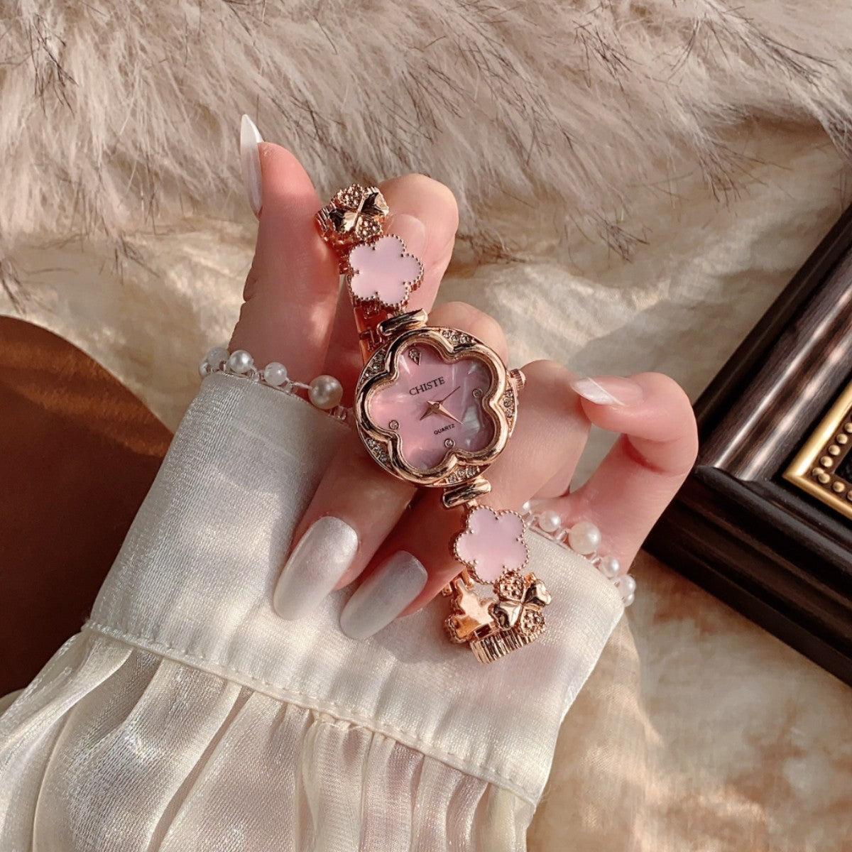 CHISTE flower bracelet watch with pink accents alternate view