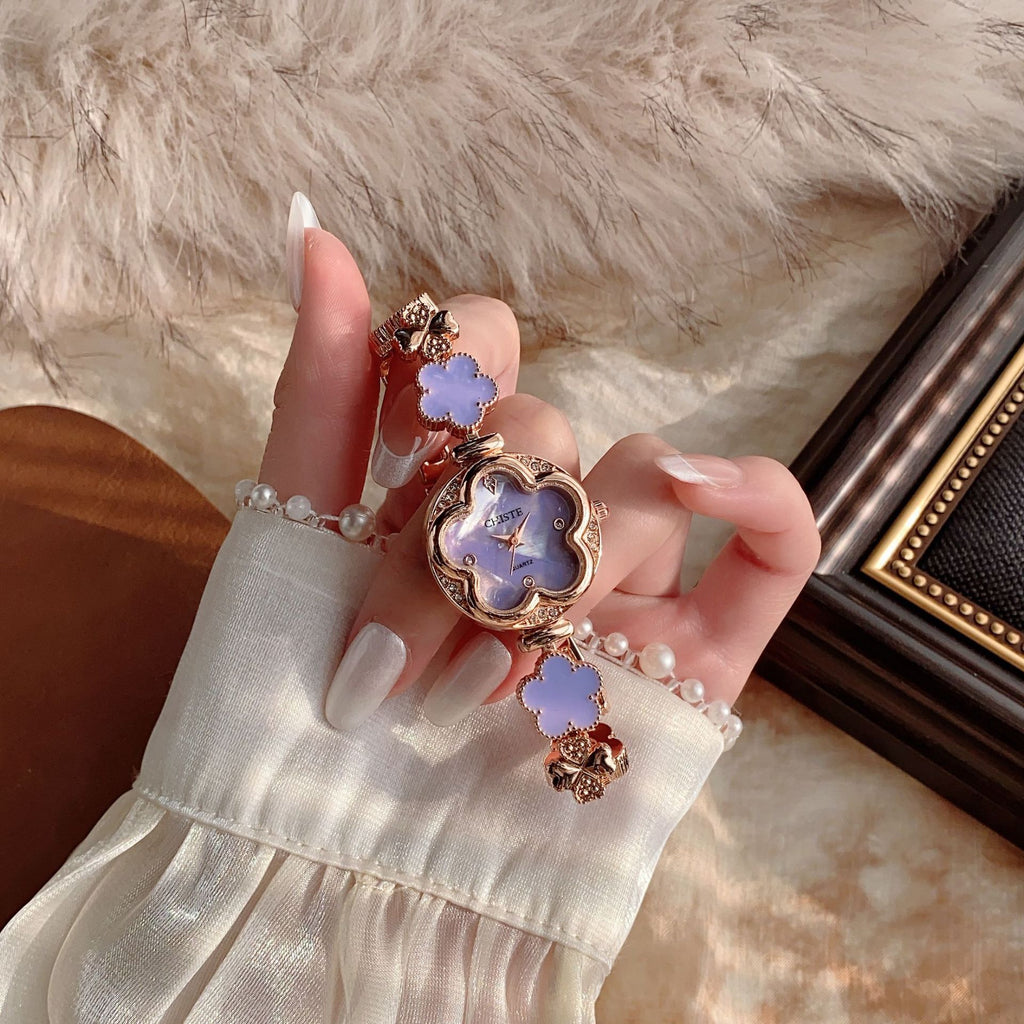 CHISTE flower bracelet watch with purple accents alternate view