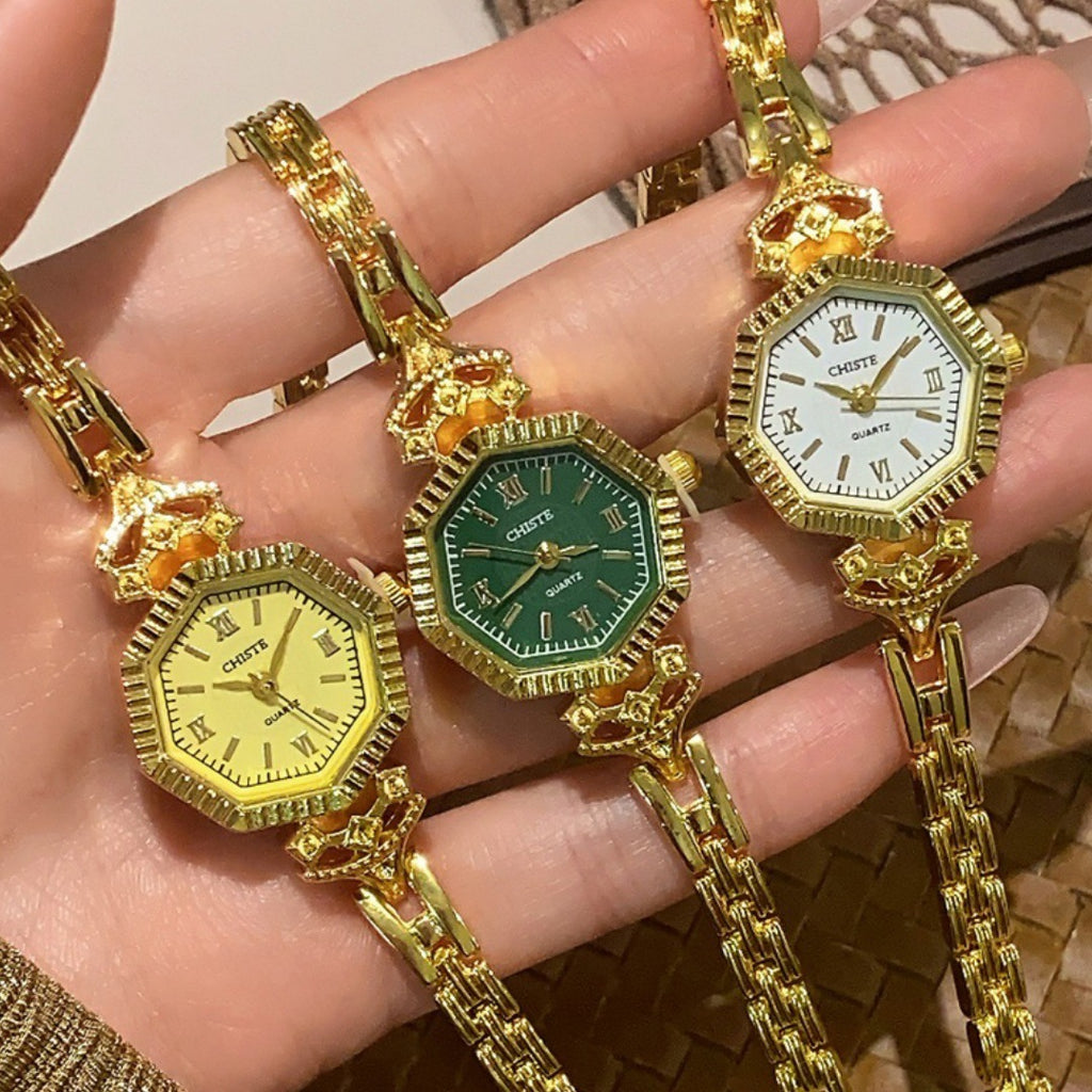 CHISTE octagonal bracelet watches in gold tone with champagne, green and white dials