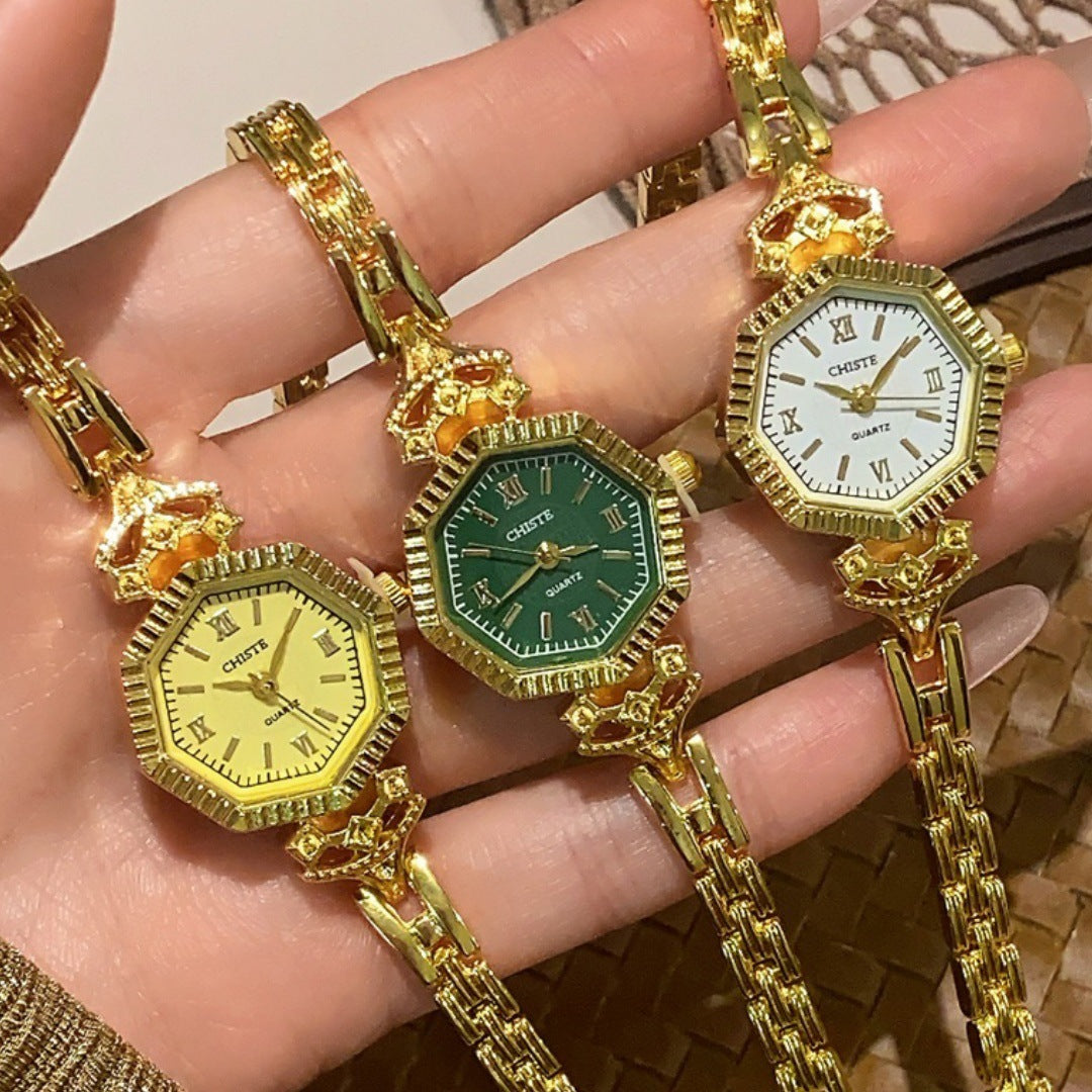 CHISTE octagonal bracelet watches in gold tone with champagne, green and white dials
