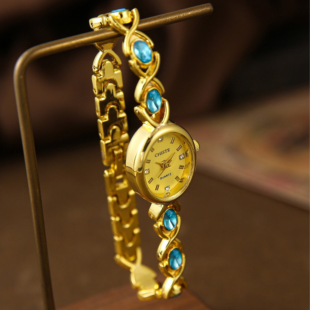 CHISTE vintage crystal-style bracelet watch with blue crystal-style accents alternate view