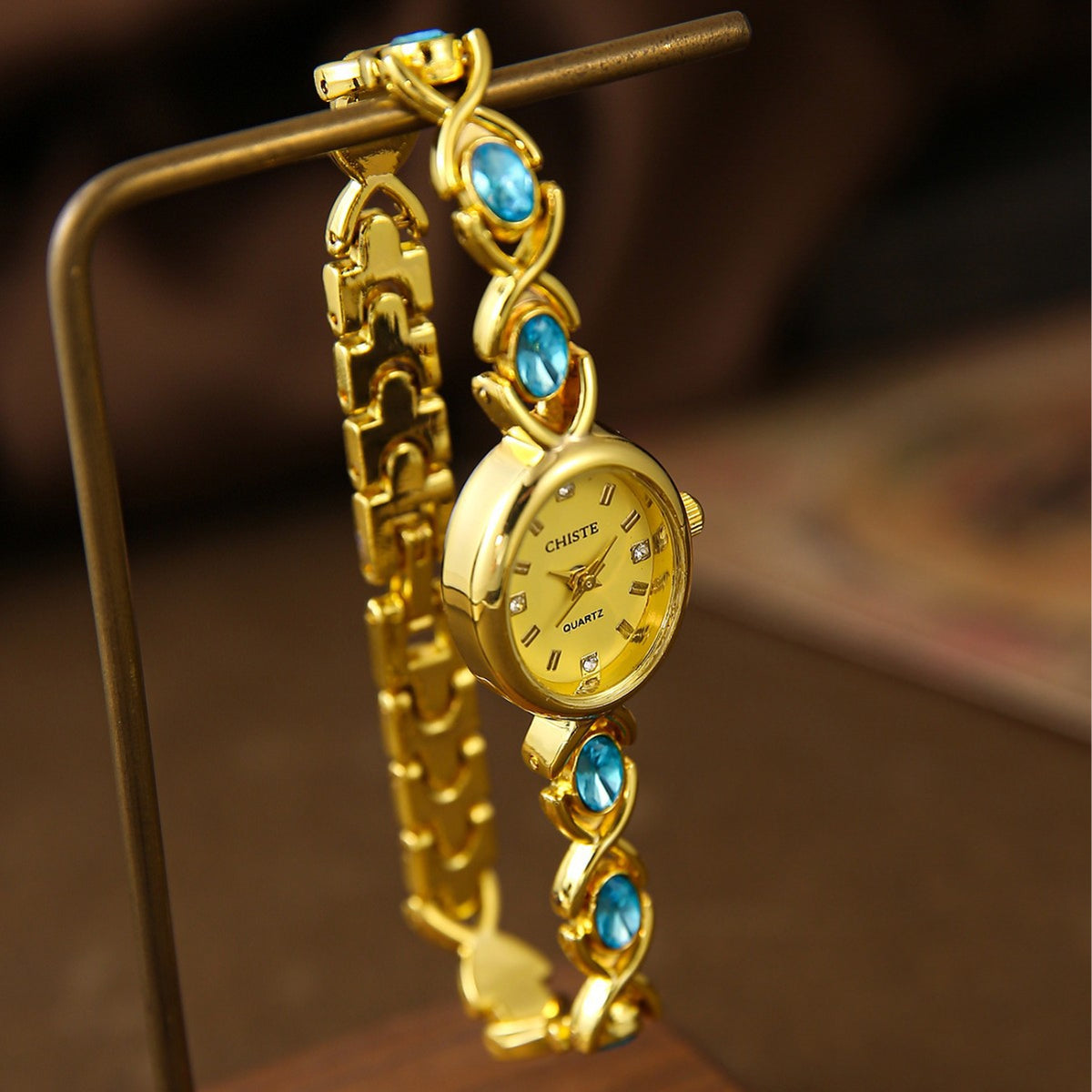 CHISTE vintage crystal-style bracelet watch with blue crystal-style accents alternate view