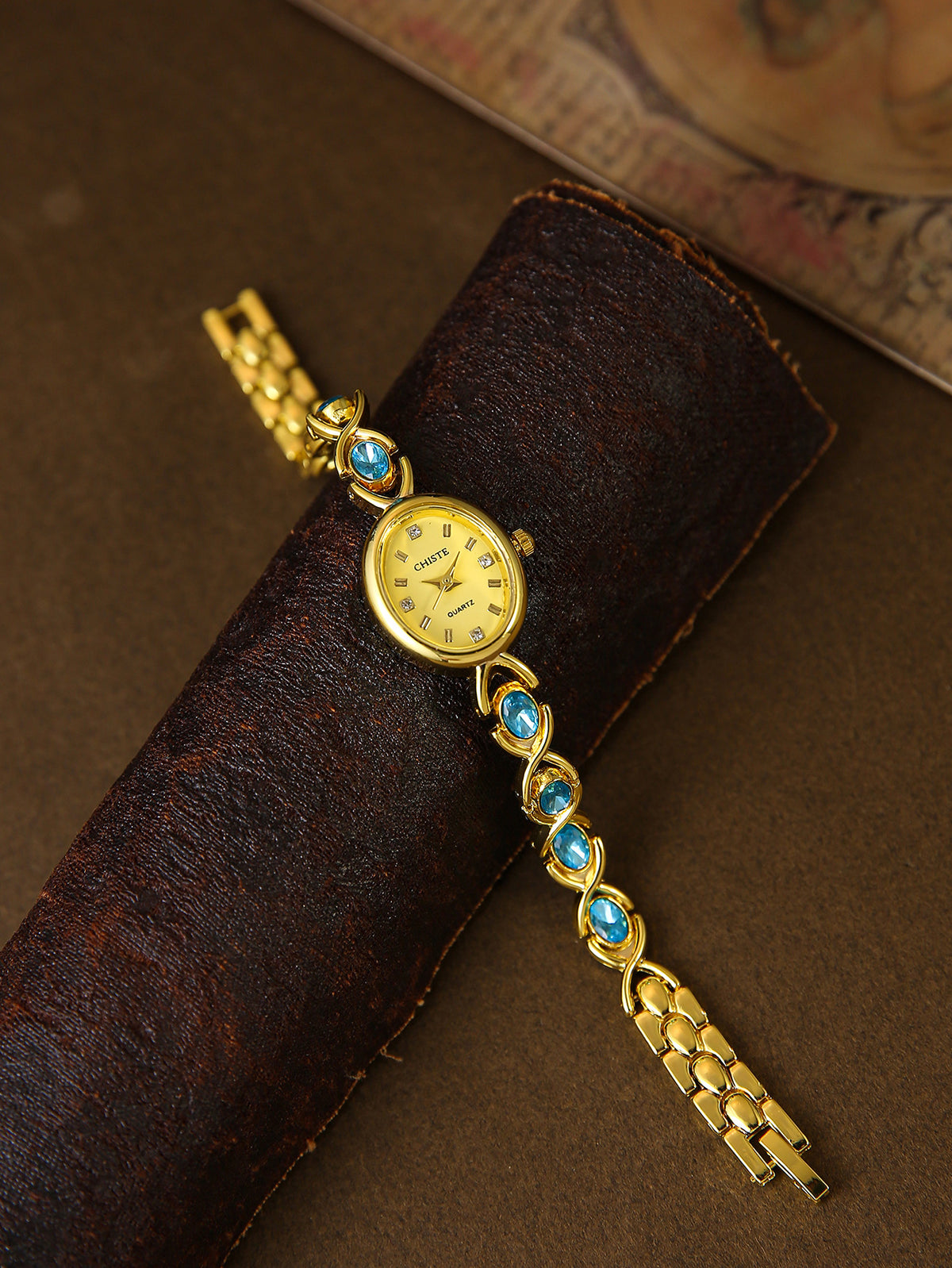 CHISTE vintage crystal-style bracelet watch with blue crystal-style accents