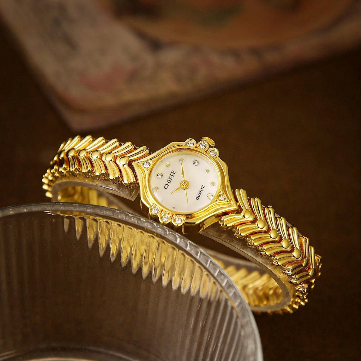 CHISTE vintage crystal-style bracelet watch with chevron-link bracelet alternate view