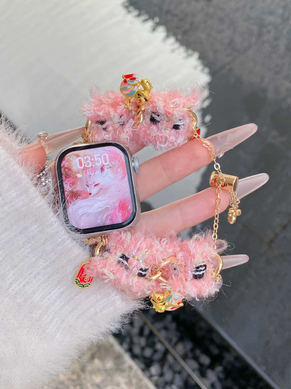 Pink fuzzy charm Apple Watch bracelet band