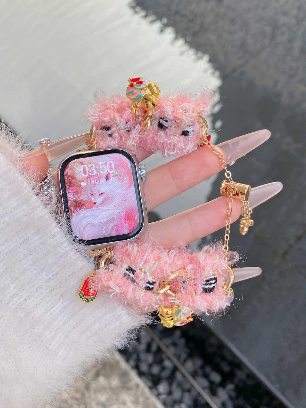 Pink fuzzy charm Apple Watch bracelet band