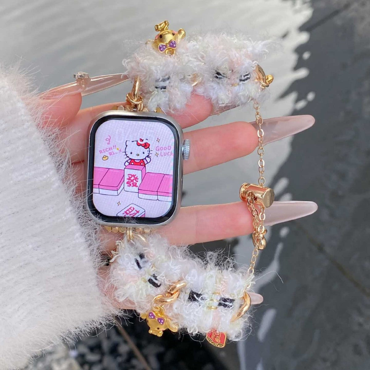 White fuzzy charm Apple Watch bracelet band