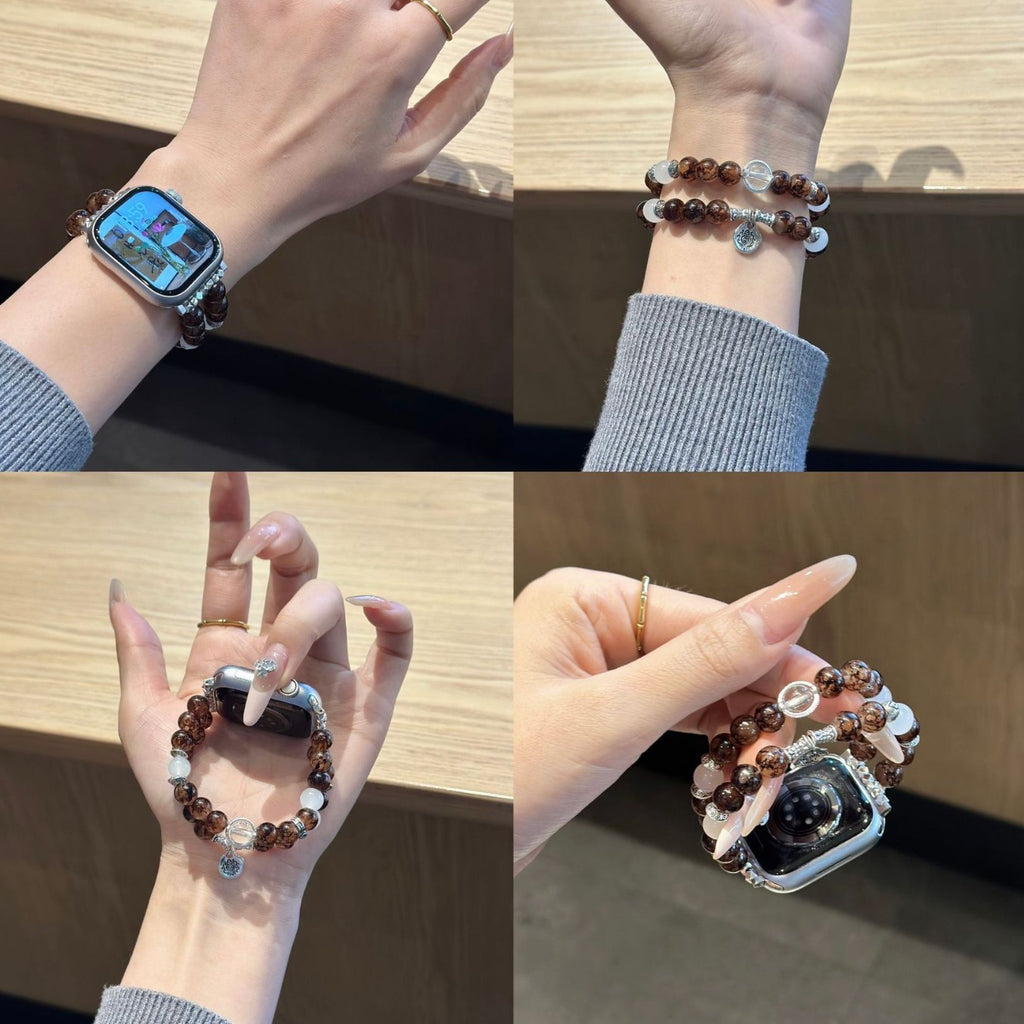 Cocoa brown and clear beaded Apple Watch bracelet band lifestyle views