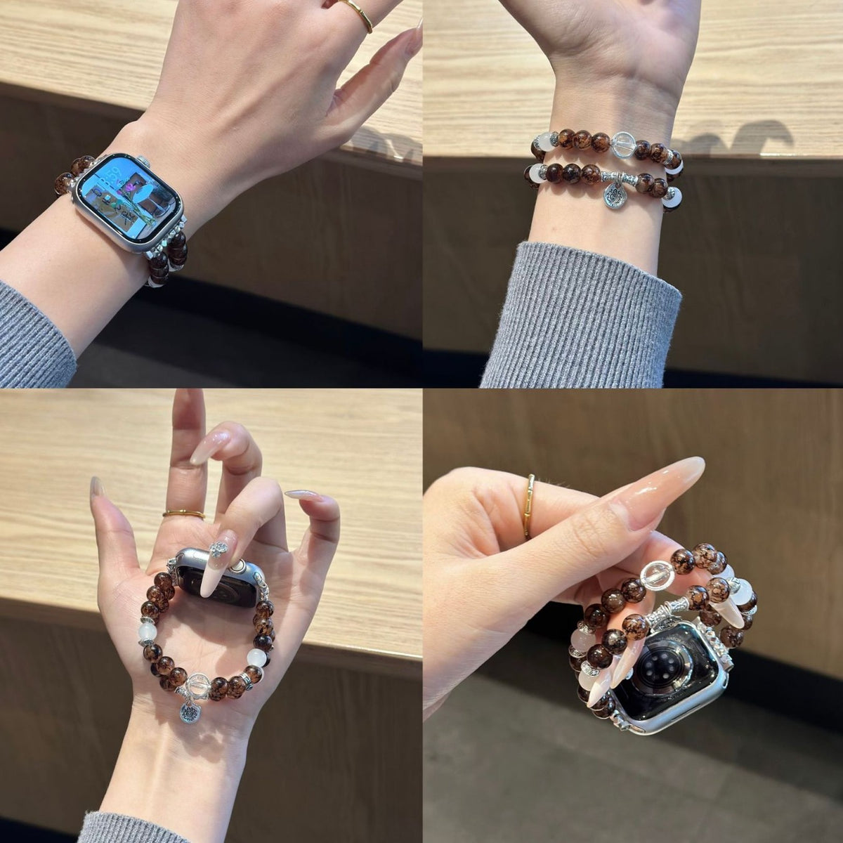Cocoa brown and clear beaded Apple Watch bracelet band lifestyle views