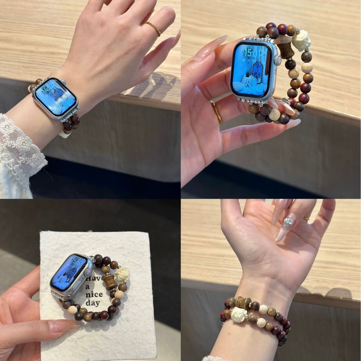 Brown rose double-strand Apple Watch bracelet band lifestyle collage
